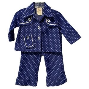 Vintage Baby Blue White Floral Print Button Up Jacket &‎ Pants Set Toddler 12M